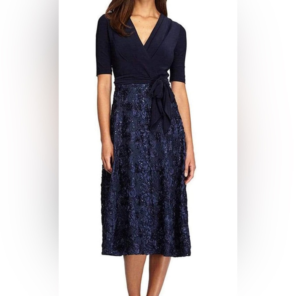 Alex Evenings Navy Blue Midi Dress 3/4 Sleeve with Sequined A-line skirt.